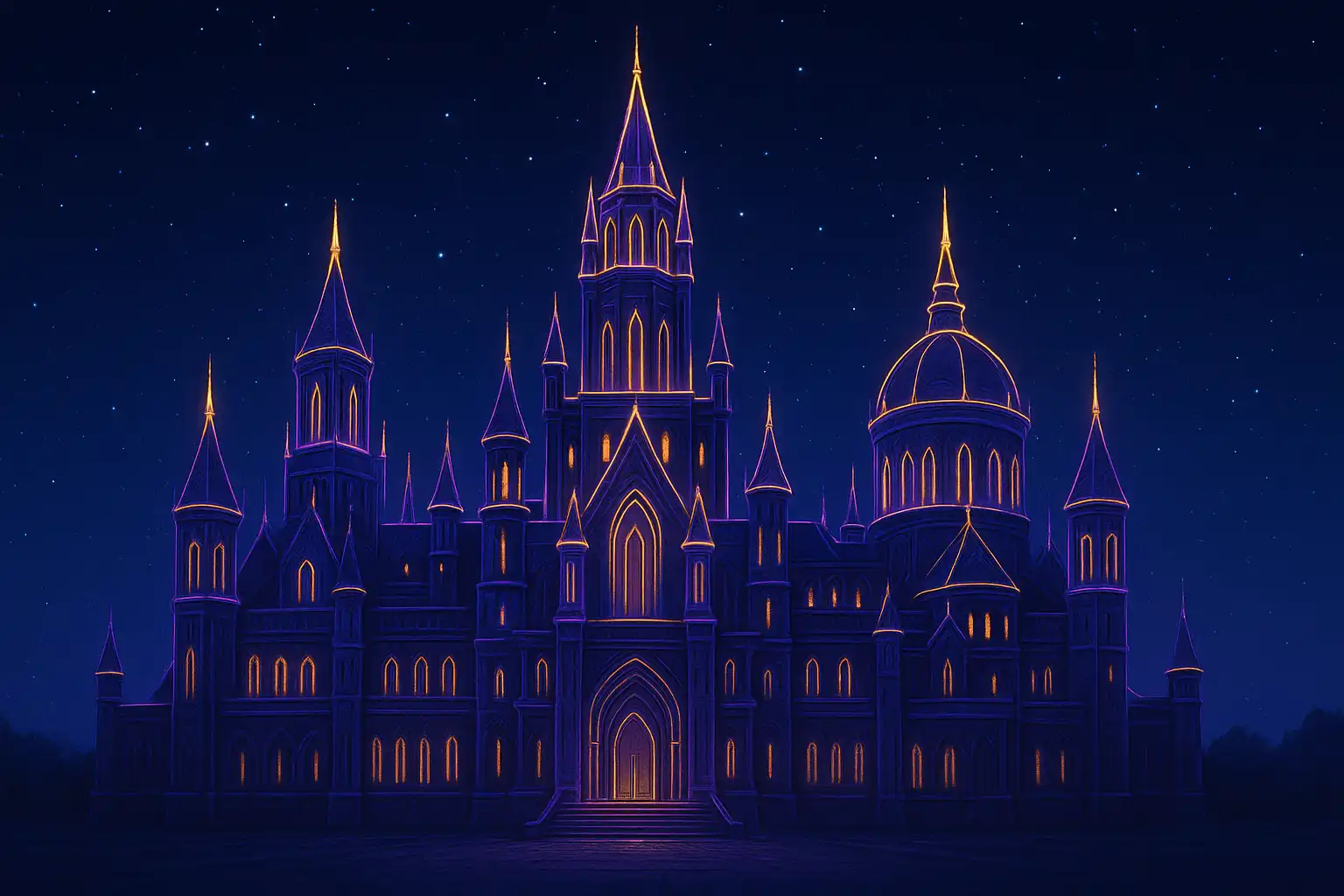 Illustrated royal palace exterior at night with neon purple and gold lighting