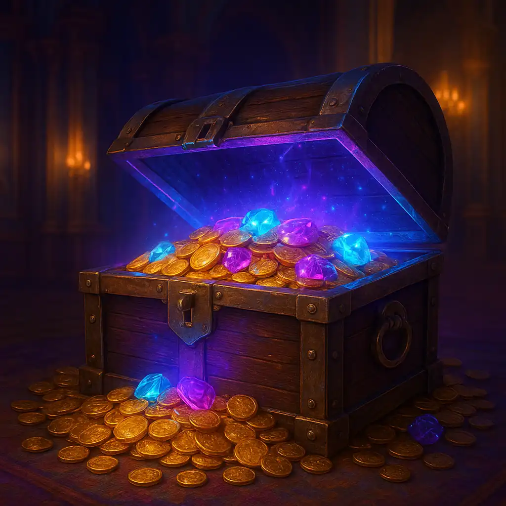 Treasure chest of gold coins glowing with neon purple light inside a royal hall