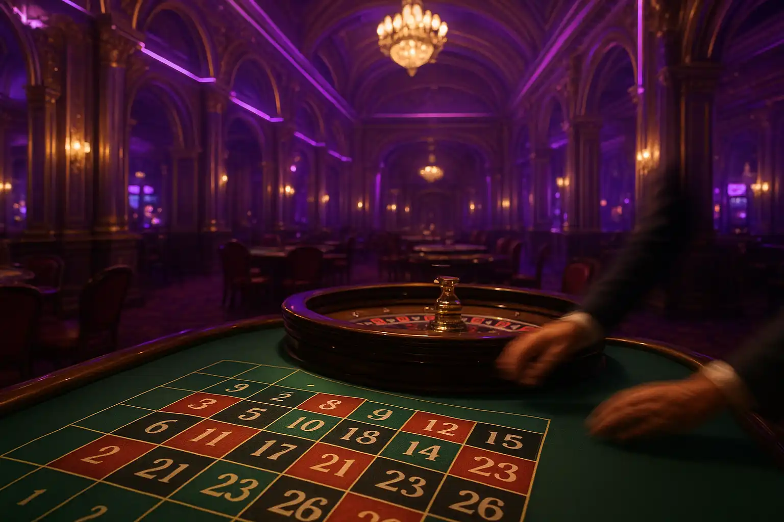 Roulette table inside a neon-lit royal palace casino hall
