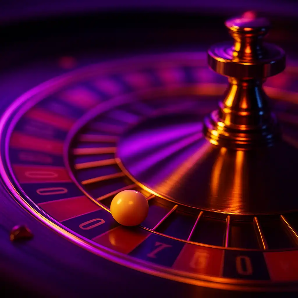Close-up of a roulette wheel spinning under neon purple and gold palace lighting